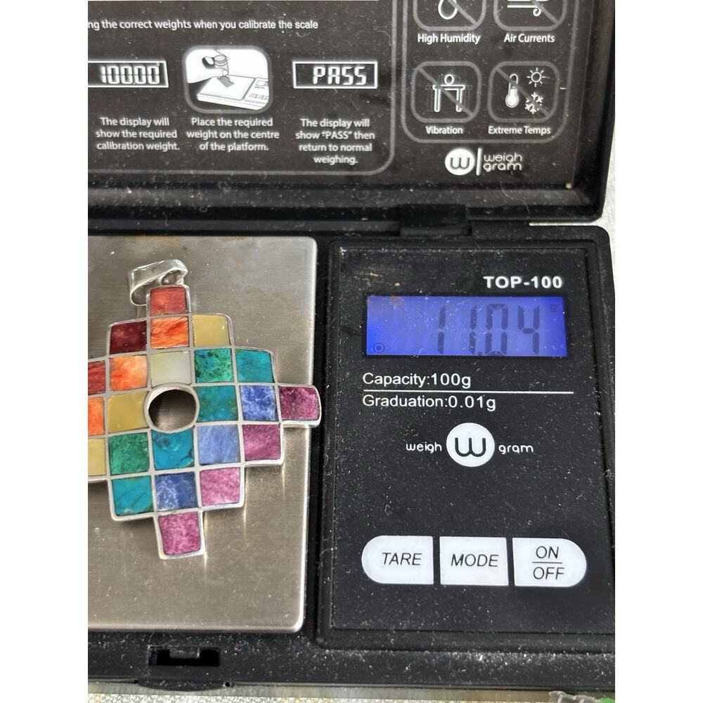 Peruvian Chakana Cross 950 Fine Silver Rainbow Stone Inlay Andean Pendant - Picture 6 of 6